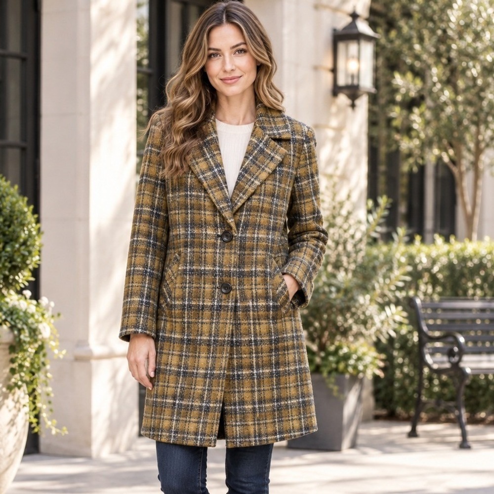 Sam Edelman NWT Womens 4 Golden Heritage Plaid Wool Blend Long Coat